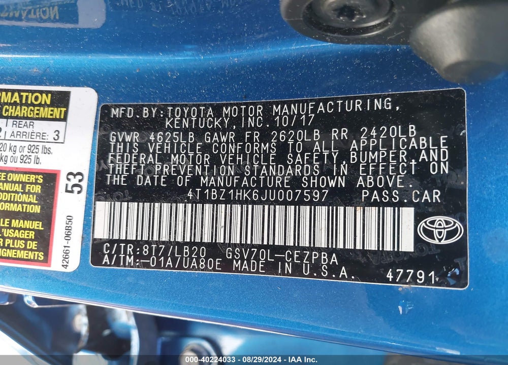 2018 TOYOTA CAMRY VIN: 4T1BZ1HK6JU007597