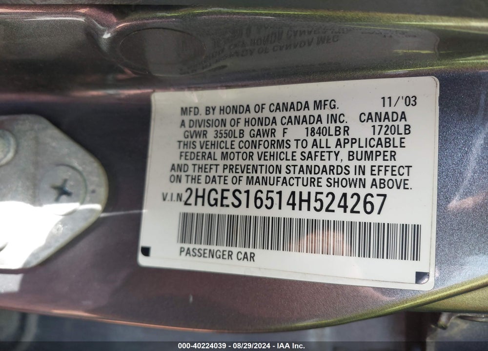 2004 HONDA CIVIC LX VIN: 2HGES16514H524267