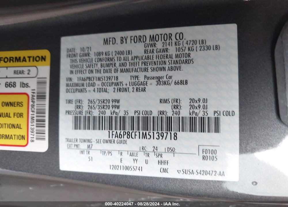 2021 FORD MUSTANG GT PREMIUM FASTBACK VIN: 1FA6P8CF1M5139718