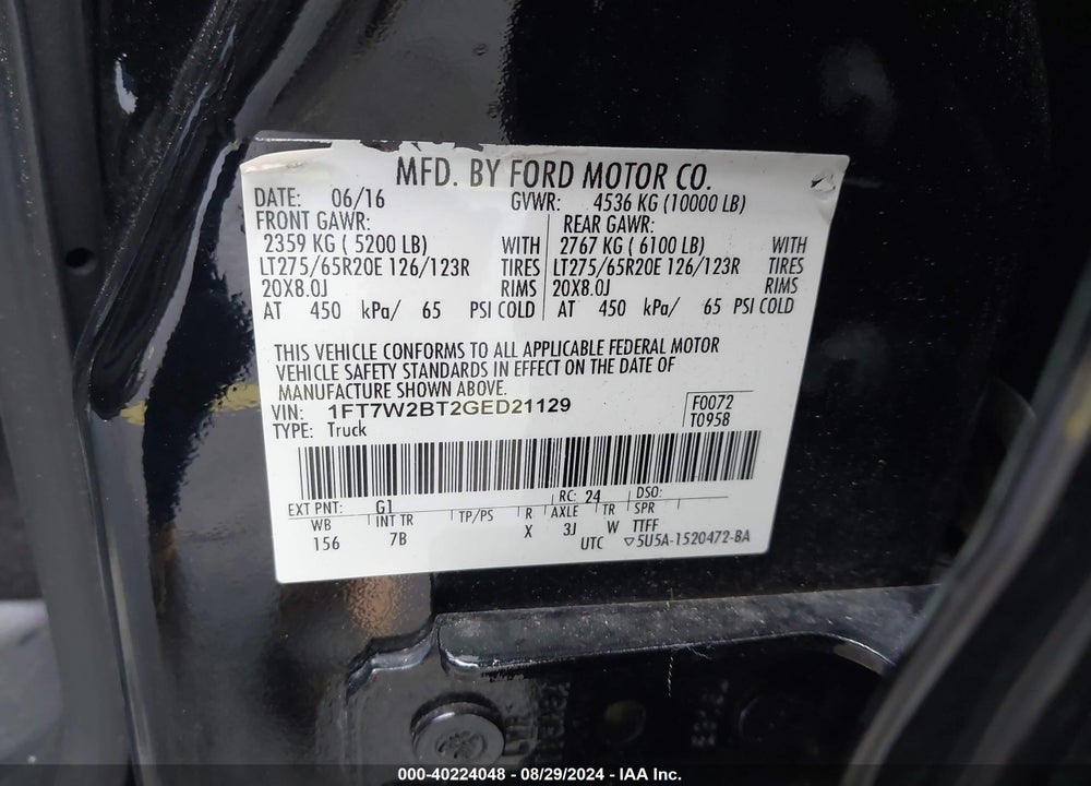 2016 FORD F-250 LARIAT VIN: 1FT7W2BT2GED21129