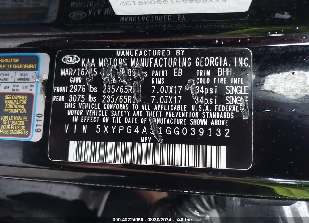2016 KIA SORENTO 3.3L LX VIN: 5XYPG4A51GG039132