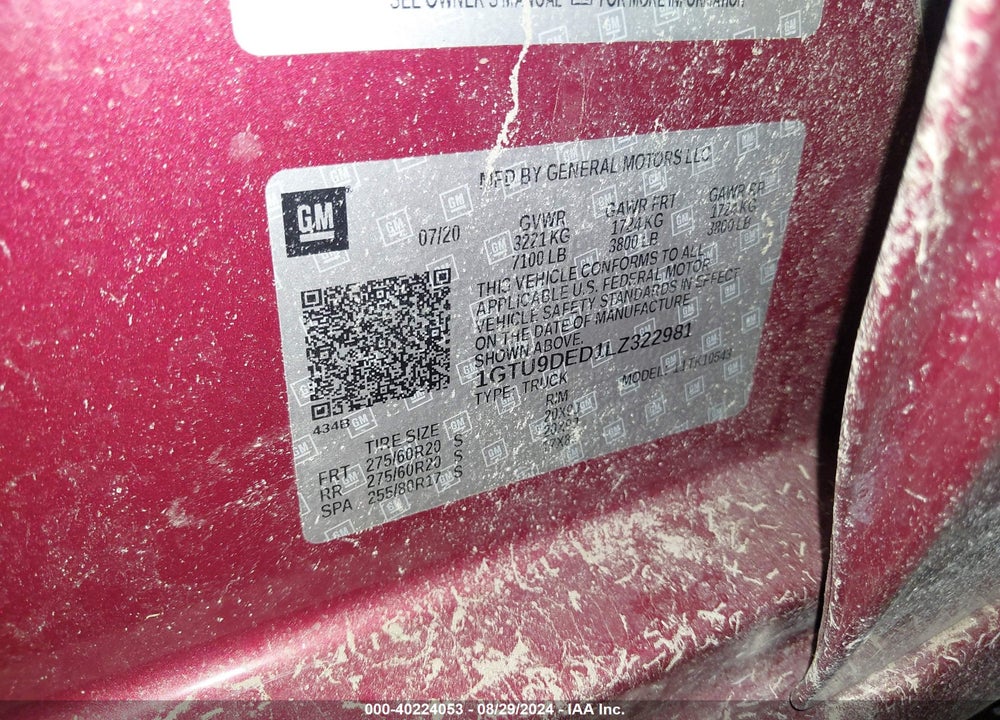 2020 GMC SIERRA 1500 4WD SHORT BOX SLT VIN: 1GTU9DED1LZ322981