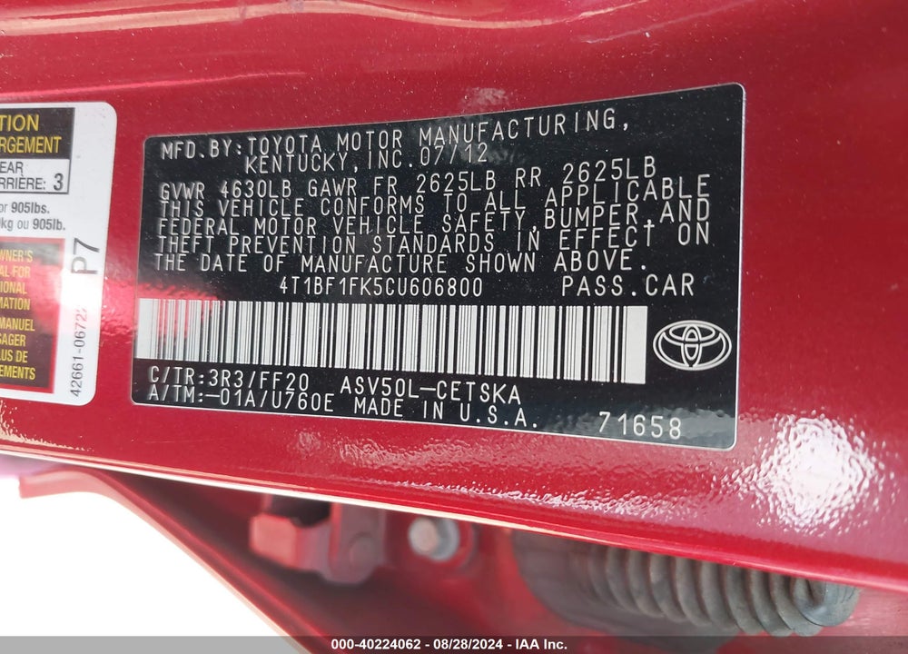 2012 TOYOTA CAMRY SE VIN: 4T1BF1FK5CU606800