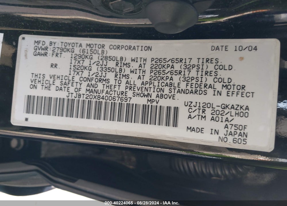 2004 LEXUS GX 470 VIN: JTJBT20X840067697