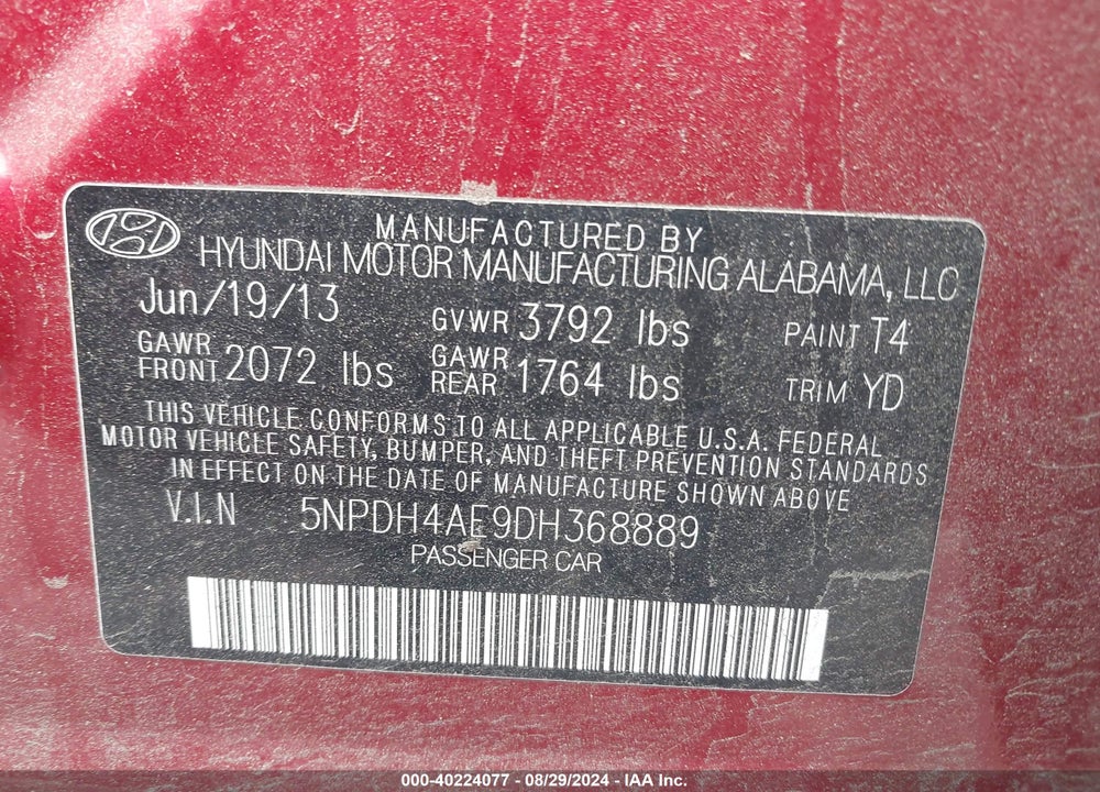 2013 HYUNDAI ELANTRA GLS VIN: 5NPDH4AE9DH368889