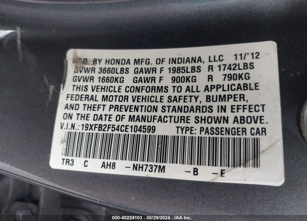2012 HONDA CIVIC LX VIN: 19XFB2F54CE104599