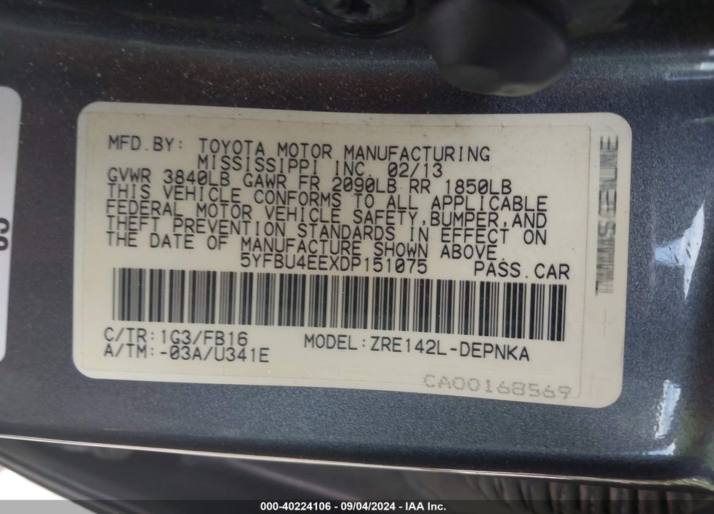 2013 TOYOTA COROLLA LE VIN: 5YFBU4EEXDP151075