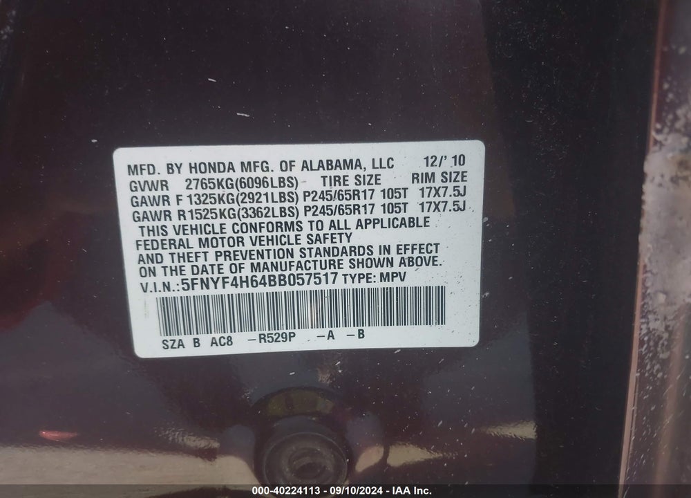 2011 HONDA PILOT EX-L VIN: 5FNYF4H64BB057517