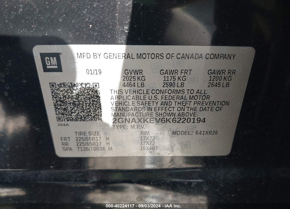 2019 CHEVROLET EQUINOX LT VIN: 2GNAXKEV6K6220194