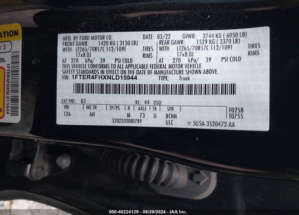 2022 FORD RANGER XLT VIN: 1FTER4FHXNLD15944
