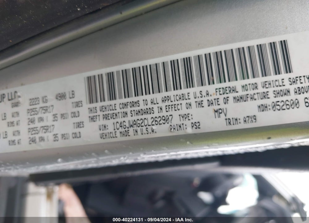 2012 JEEP WRANGLER SPORT VIN: 1C4GJWAG2CL262907
