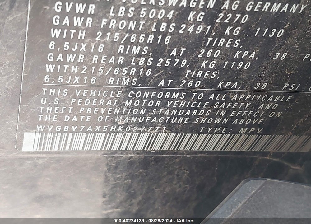2017 VOLKSWAGEN TIGUAN 2.0T/2.0T S VIN: WVGBV7AX5HK027771