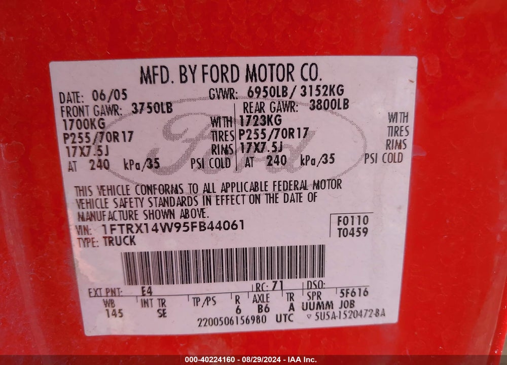 2005 FORD F-150 STX/XL/XLT VIN: 1FTRX14W95FB44061