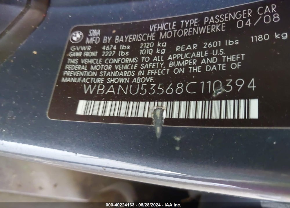 2008 BMW 528I VIN: WBANU53568C110394
