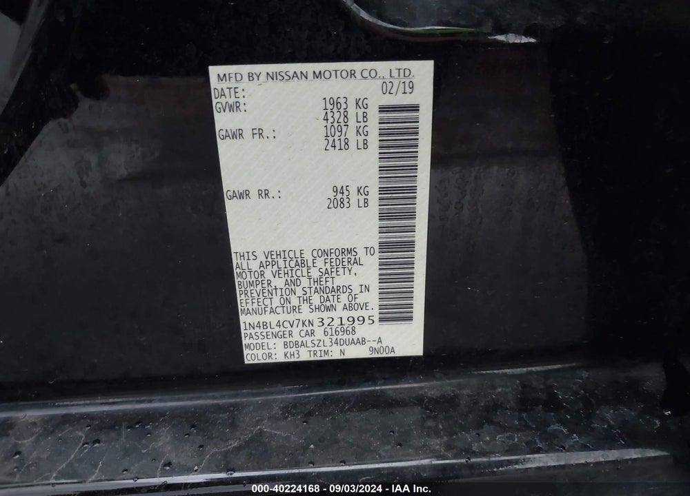 2019 NISSAN ALTIMA 2.5 SR VIN: 1N4BL4CV7KN321995