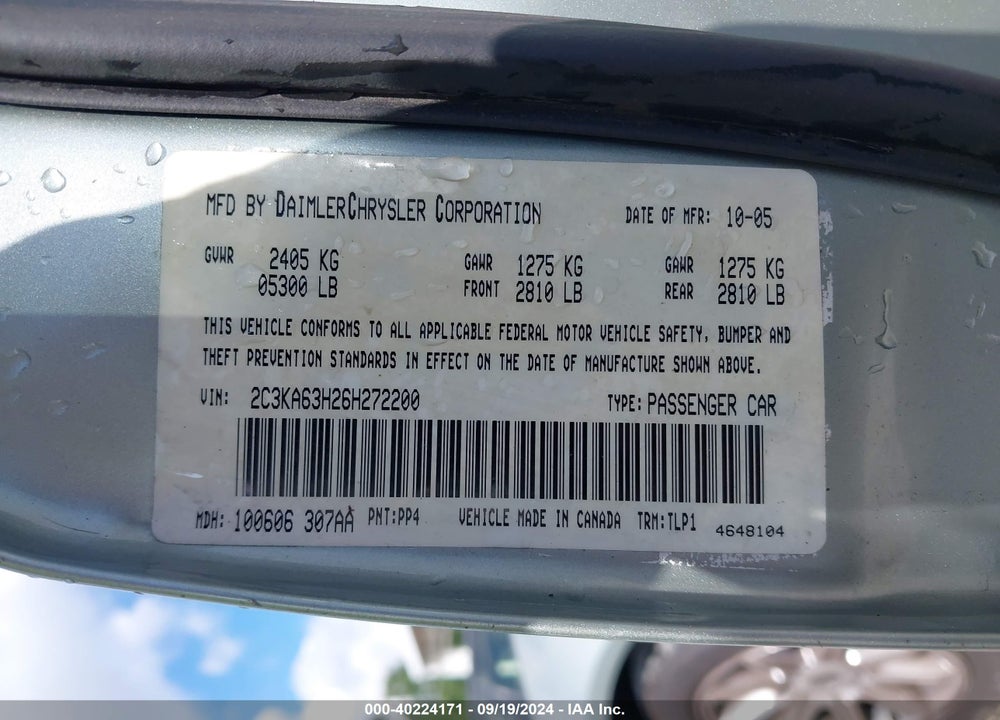 2006 CHRYSLER 300 C VIN: 2C3KA63H26H272200