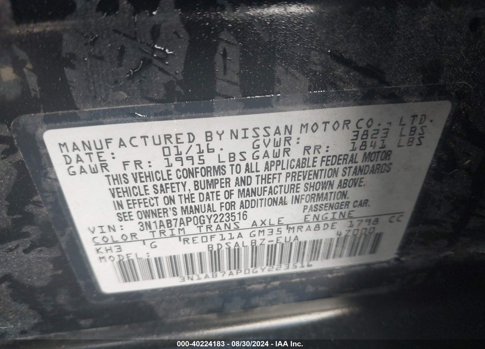 2016 NISSAN SENTRA S VIN: 3N1AB7AP0GY223516