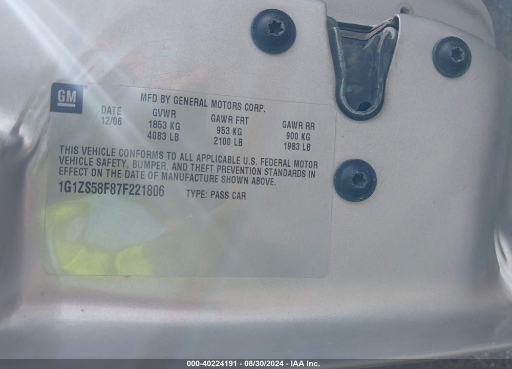 2007 CHEVROLET MALIBU LS VIN: 1G1ZS58F87F221806
