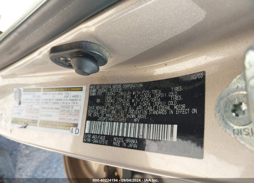 2004 TOYOTA HIGHLANDER VIN: JTEDP21A840008655