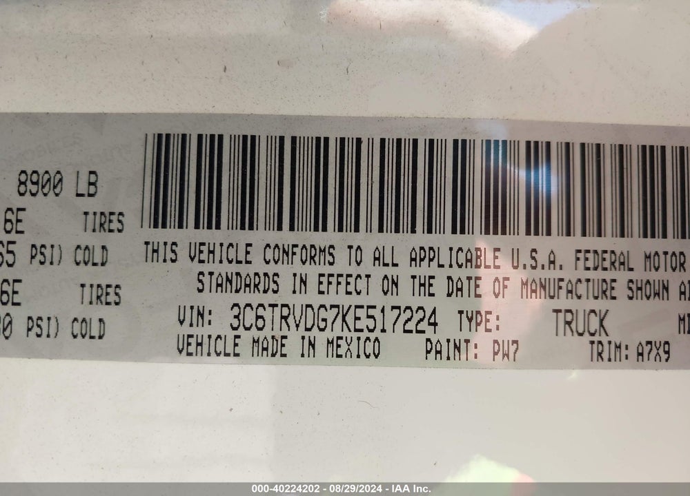 2019 RAM PROMASTER 2500 VIN: 3C6TRVDG7KE517224