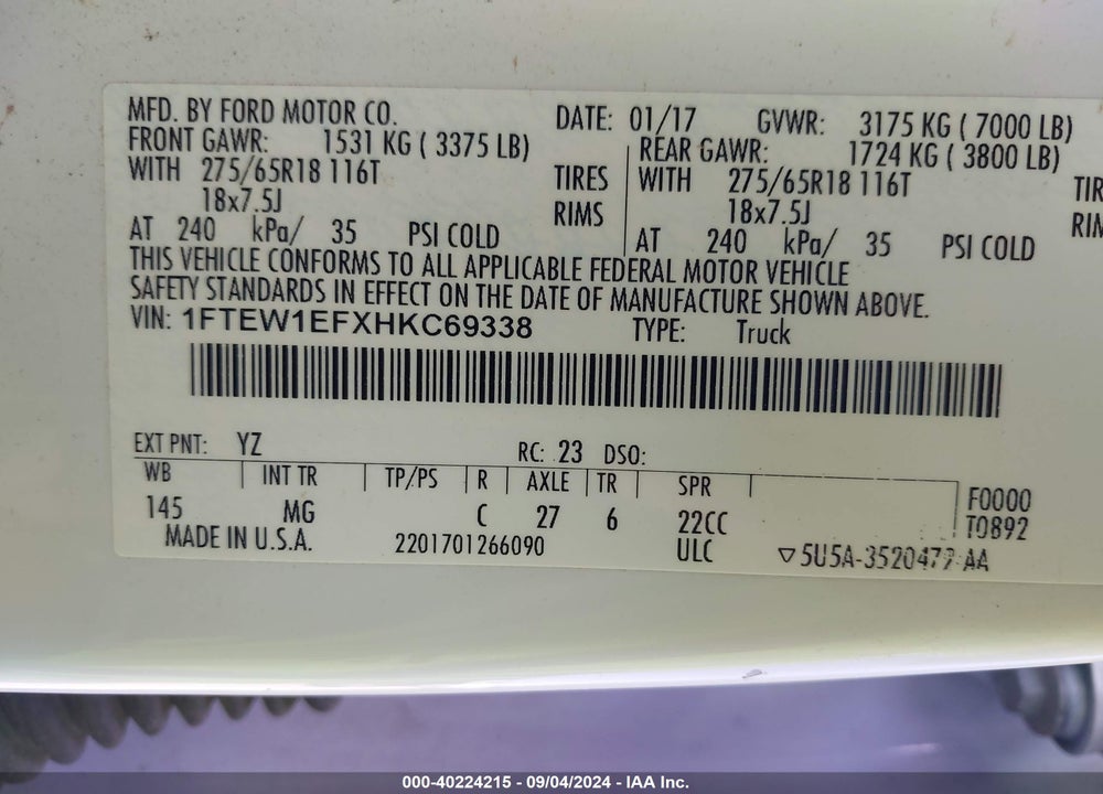 2017 FORD F-150 XLT VIN: 1FTEW1EFXHKC69338