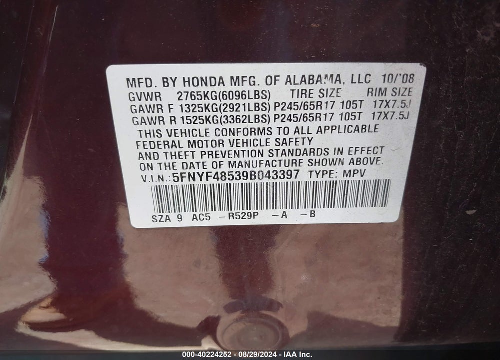 2009 HONDA PILOT EX-L VIN: 5FNYF48539B043397