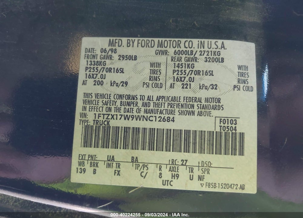 1998 FORD F-150 LARIAT/STANDARD/XL/XLT VIN: 1FTZX17W9WNC12684