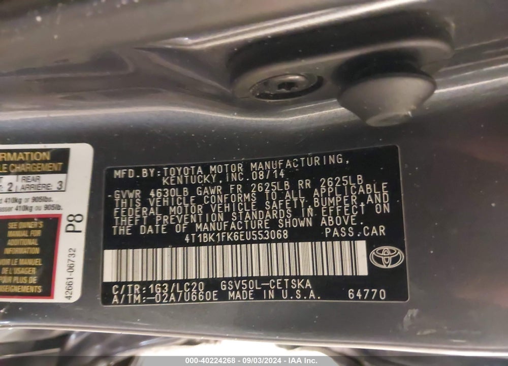 2014 TOYOTA CAMRY SE V6 VIN: 4T1BK1FK6EU553068