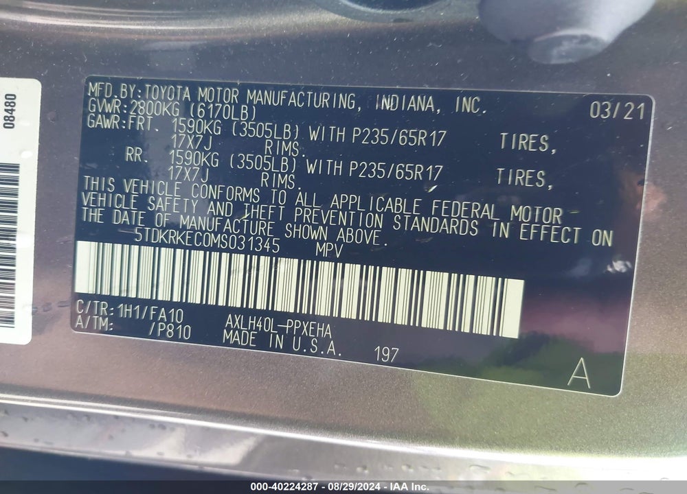 2021 TOYOTA SIENNA LE VIN: 5TDKRKEC0MS031345
