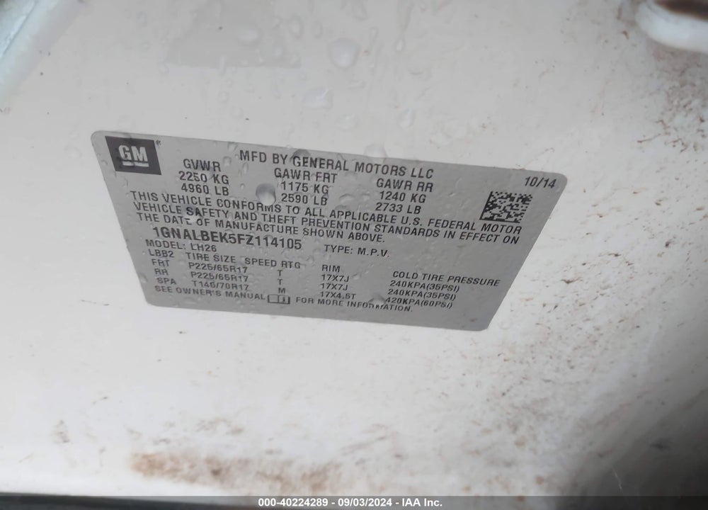 2015 CHEVROLET EQUINOX 1LT VIN: 1GNALBEK5FZ114105