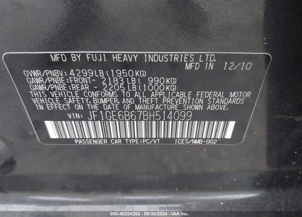 2011 SUBARU IMPREZA VIN: JF1GE6B67BH514099