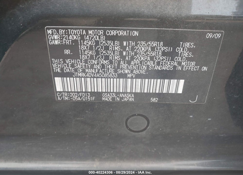 2010 TOYOTA RAV4 SPORT V6 VIN: JTMRK4DV4A5085833