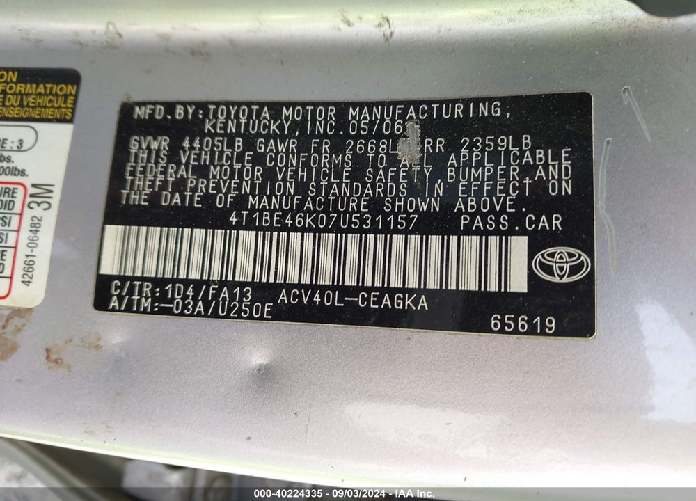 2007 TOYOTA CAMRY XLE VIN: 4T1BE46K07U531157