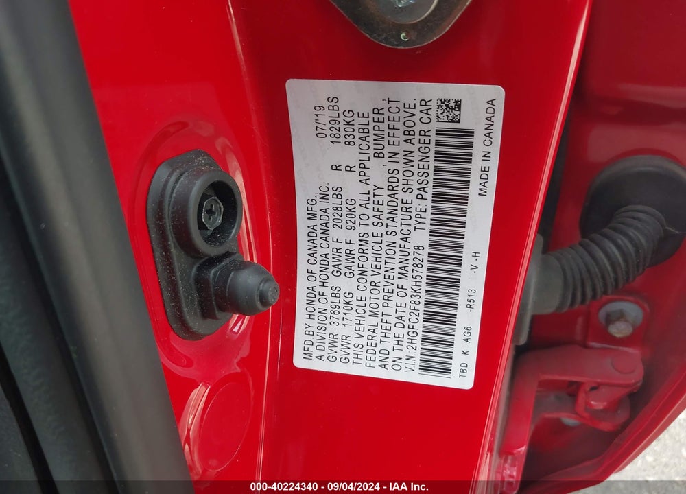 2019 HONDA CIVIC SPORT VIN: 2HGFC2F83KH578278