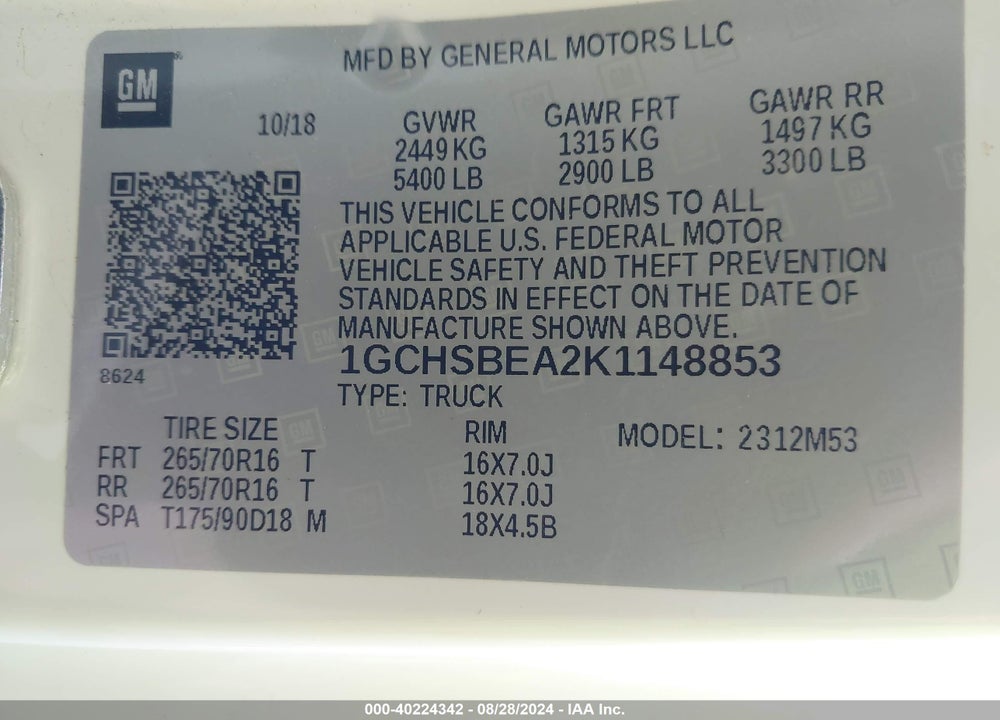 2019 CHEVROLET COLORADO WT VIN: 1GCHSBEA2K1148853