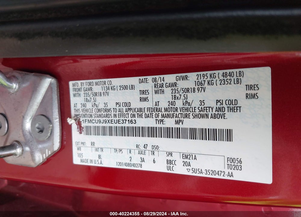 2014 FORD ESCAPE TITANIUM VIN: 1FMCU9J9XEUE37163