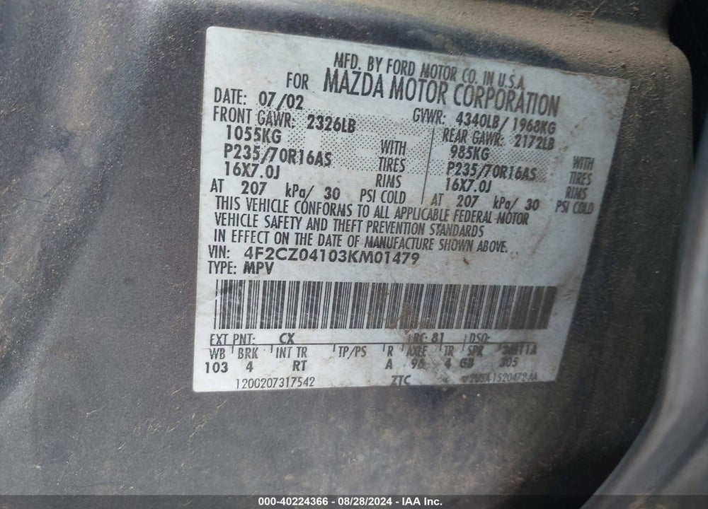 2003 MAZDA TRIBUTE LX V6 VIN: 4F2CZ04103KM01479