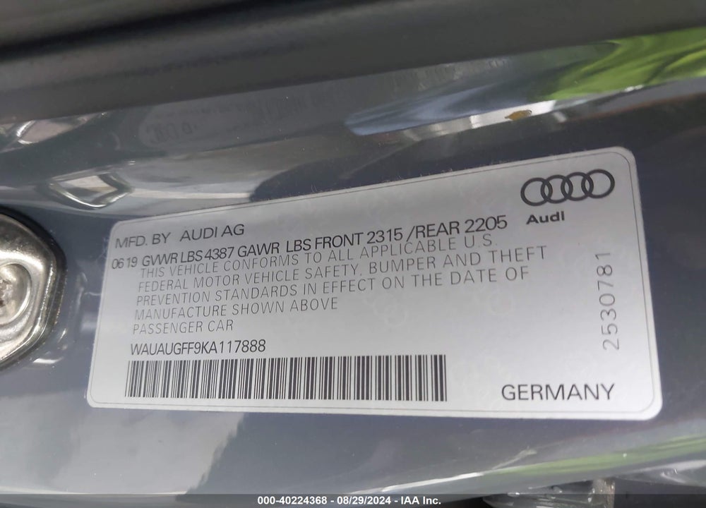 2019 AUDI A3 40 TITANIUM PREMIUM VIN: WAUAUGFF9KA117888