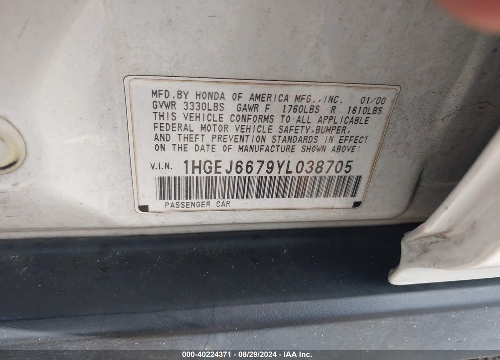2000 HONDA CIVIC VIN: 1HGEJ6679YL038705
