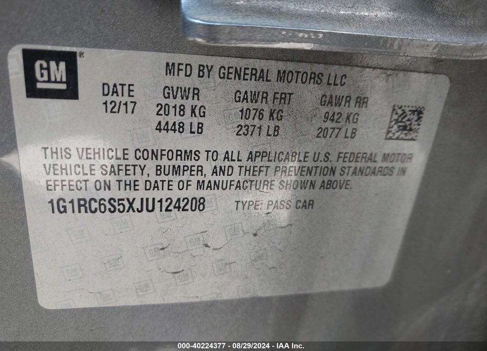 2018 CHEVROLET VOLT LT VIN: 1G1RC6S5XJU124208
