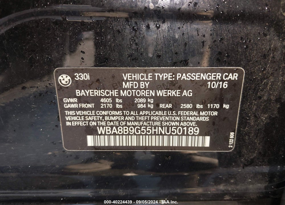 2017 BMW 330I VIN: WBA8B9G55HNU50189