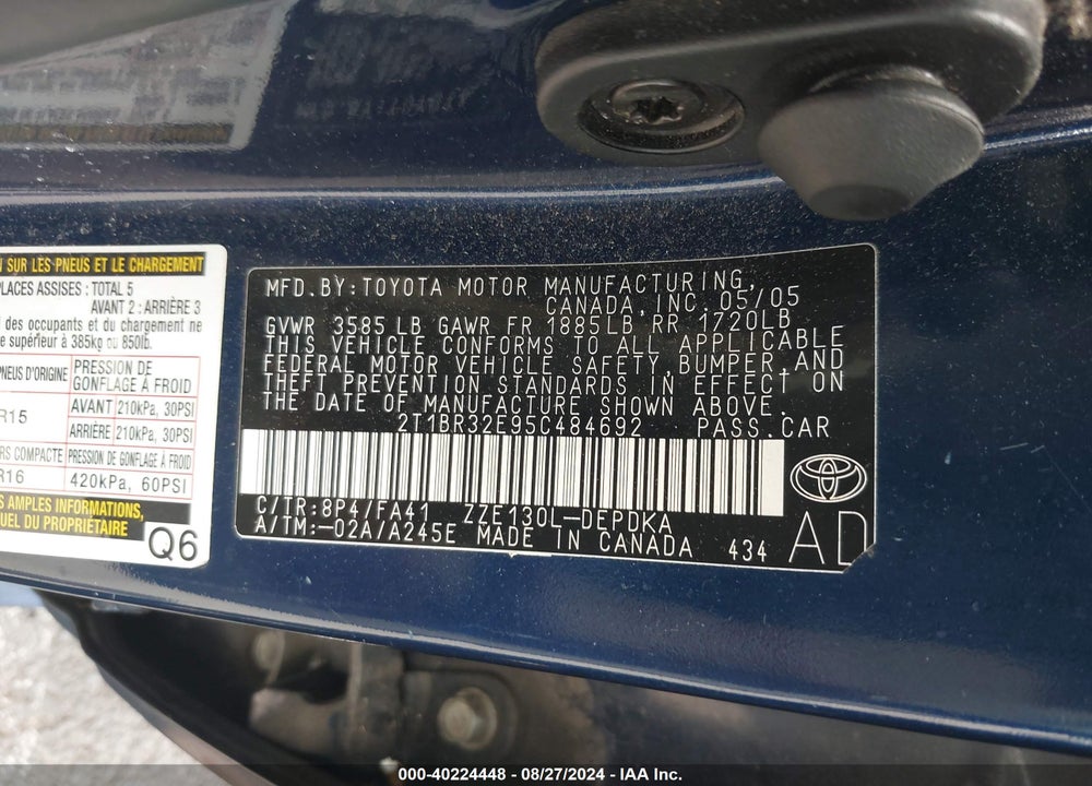 2005 TOYOTA COROLLA CE VIN: 2T1BR32E95C484692