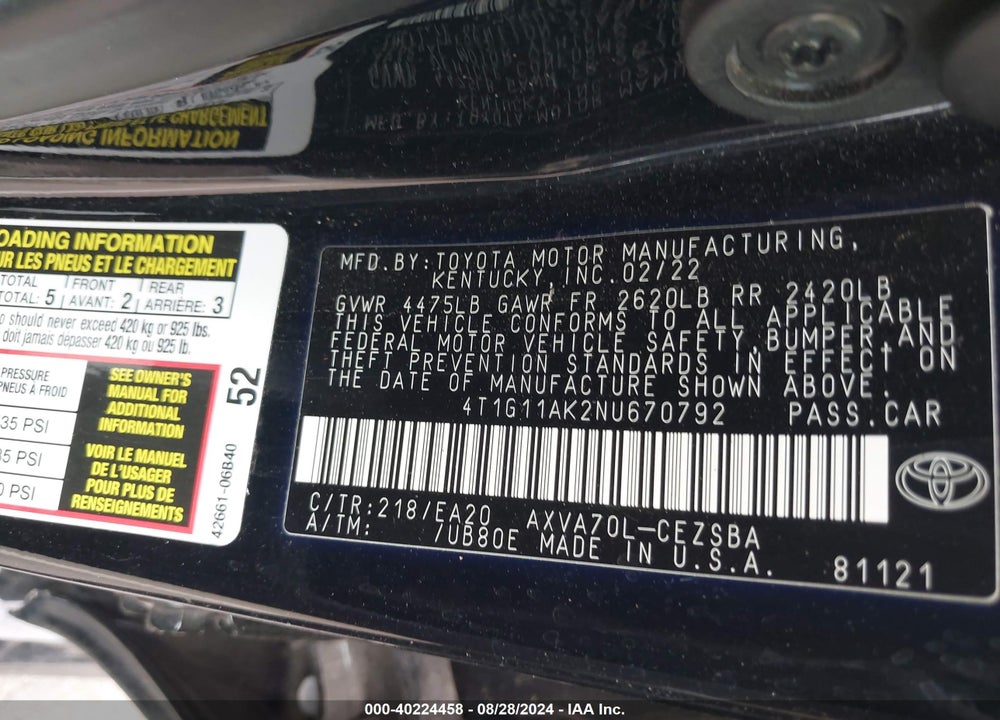 2022 TOYOTA CAMRY SE VIN: 4T1G11AK2NU670792