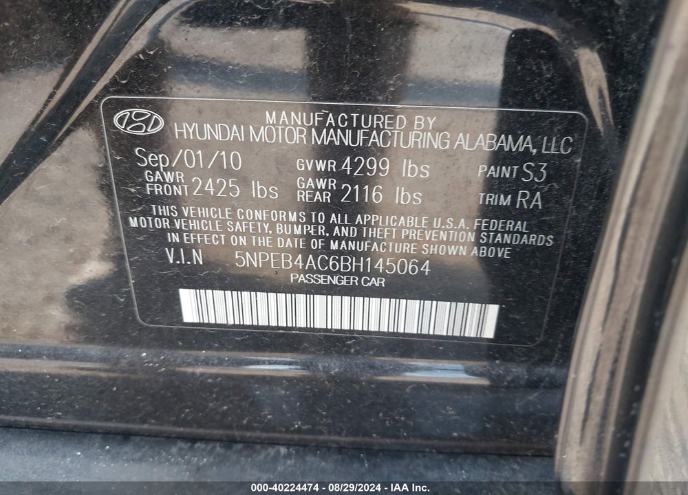 2011 HYUNDAI SONATA VIN: 5NPEB4AC6BH145064