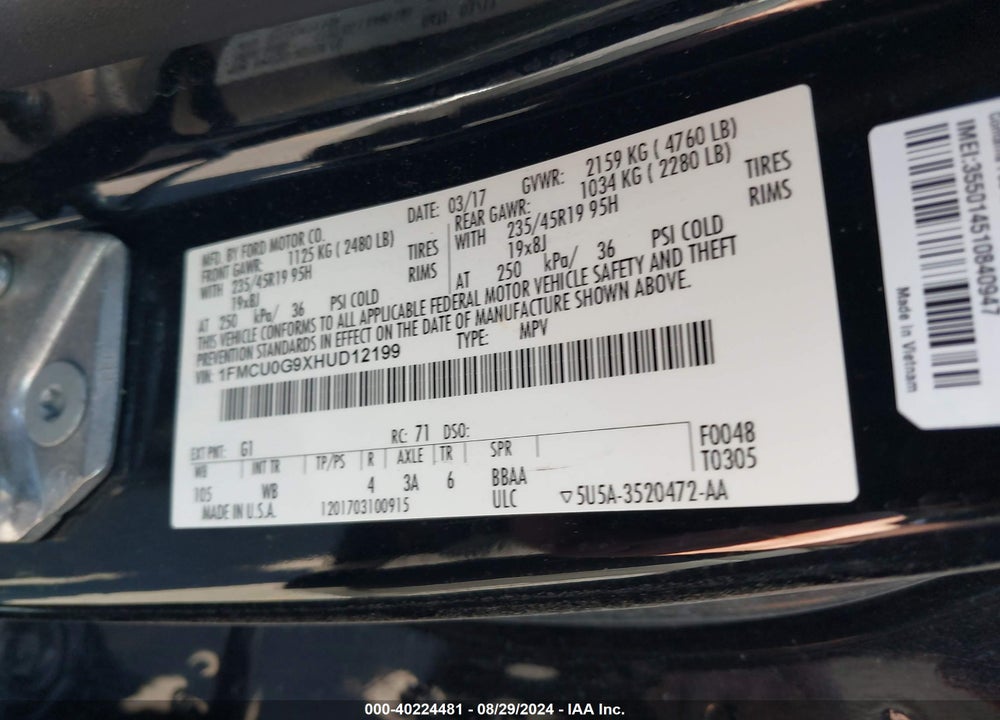 2017 FORD ESCAPE SE VIN: 1FMCU0G9XHUD12199