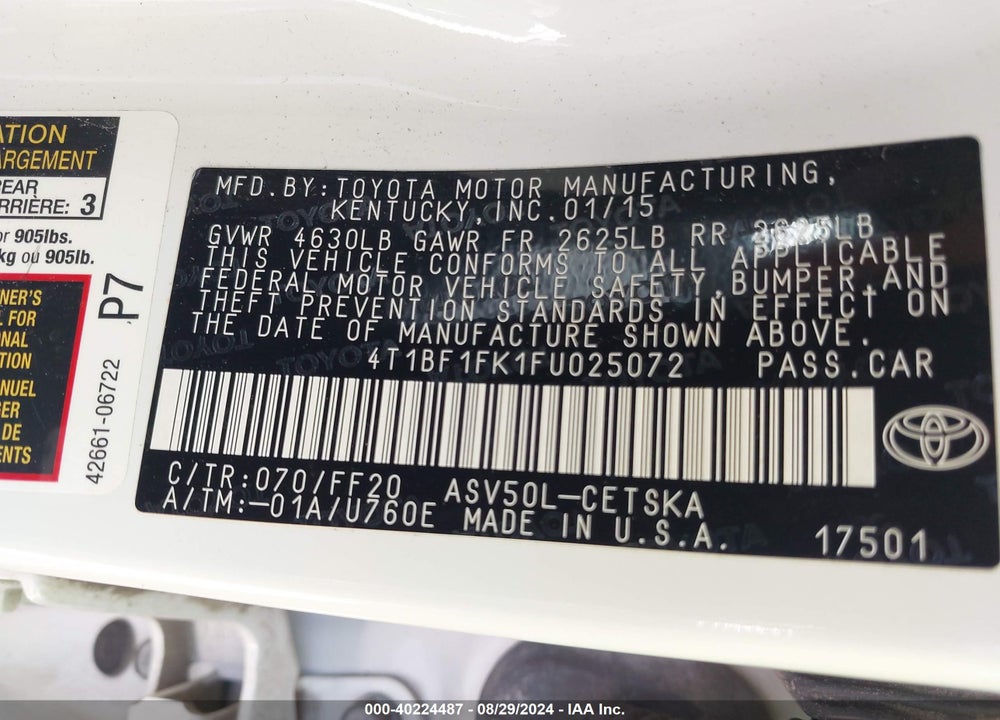 2015 TOYOTA CAMRY SE VIN: 4T1BF1FK1FU025072