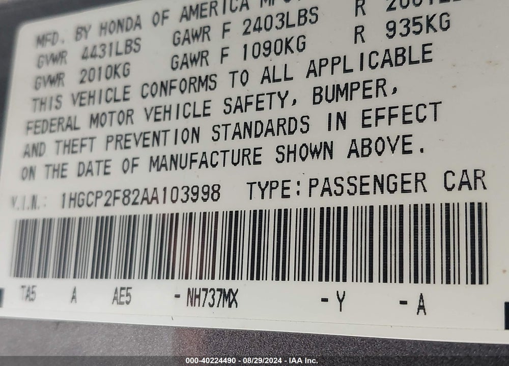 2010 HONDA ACCORD SDN 2.4 EX-L/EX-L VIN: 1HGCP2F82AA103998