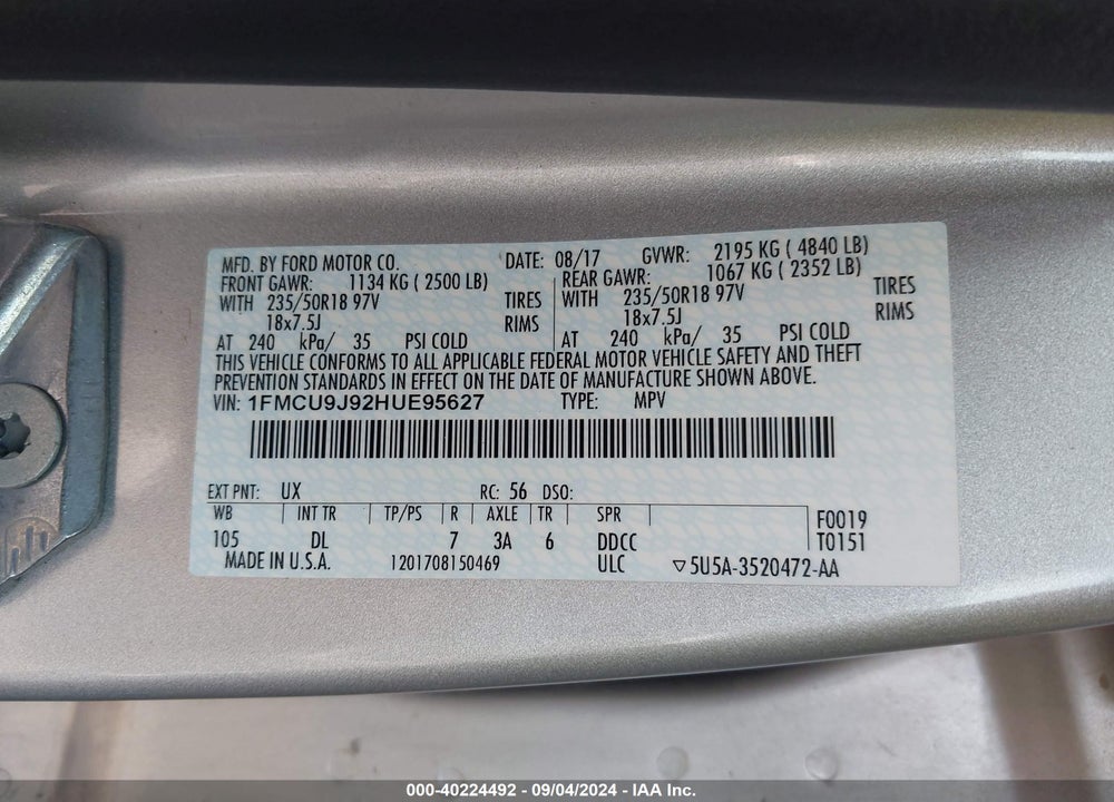 2017 FORD ESCAPE TITANIUM VIN: 1FMCU9J92HUE95627