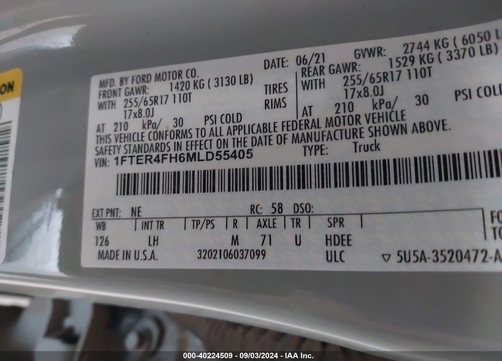 2021 FORD RANGER XLT VIN: 1FTER4FH6MLD55405