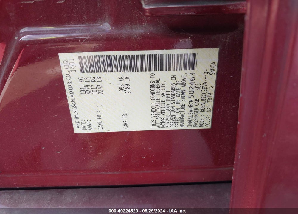 2012 NISSAN ALTIMA 2.5 S VIN: 1N4AL2AP6CN502463